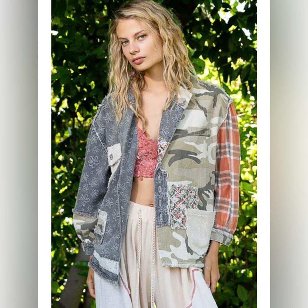 POL Oversized Twill Jacket with Camo Print in Black Multi Size Small